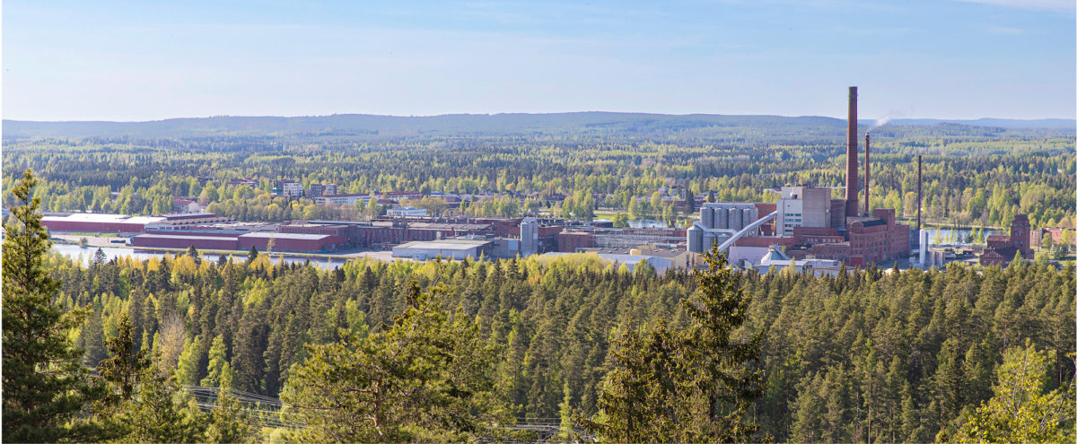Metsä Tissuen tehdas erottuu maisemasta Mäntänvuoren näkötornista katsottuna.