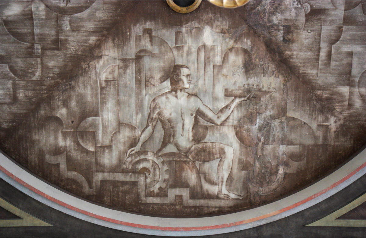 Antti Salmenlinna maalasi n&auml;kemyksens&auml; insin&ouml;&ouml;rikoulutuksesta vuonna 1926. Maalaus on katossa rakennuksessa, joka toimi muun muassa Metropolian p&auml;&auml;rakennuksena Helsingiss&auml; Hietalahdessa.